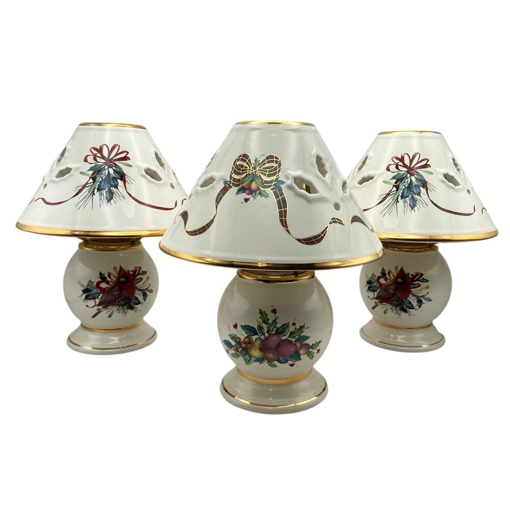 Lenox Winter Greetings/ Holiday Tartan Tea Light Lamp Candle Holders (3) Shades